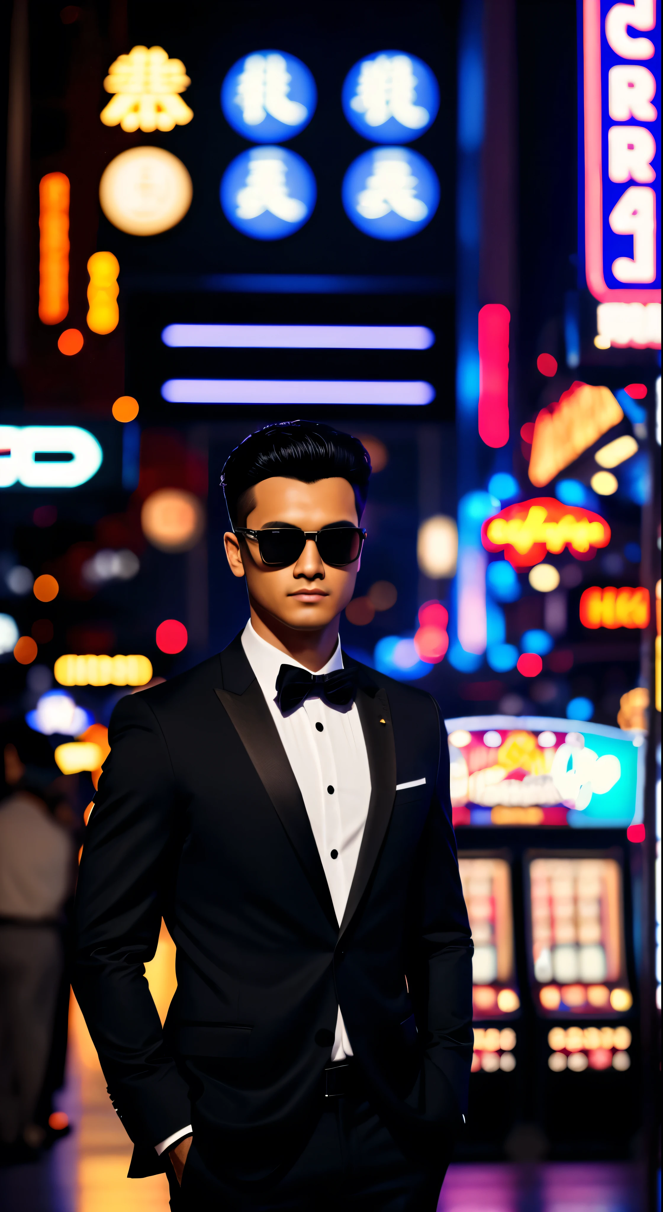 with high definition images，Ultra-detailed face、Men in Black in black suits、Short black hair、Black sunglasses，A super detailed character of a handsome boy、Standing at the entrance to the casino、Very realistic、4K、Gambler、Night city in ultra high definition