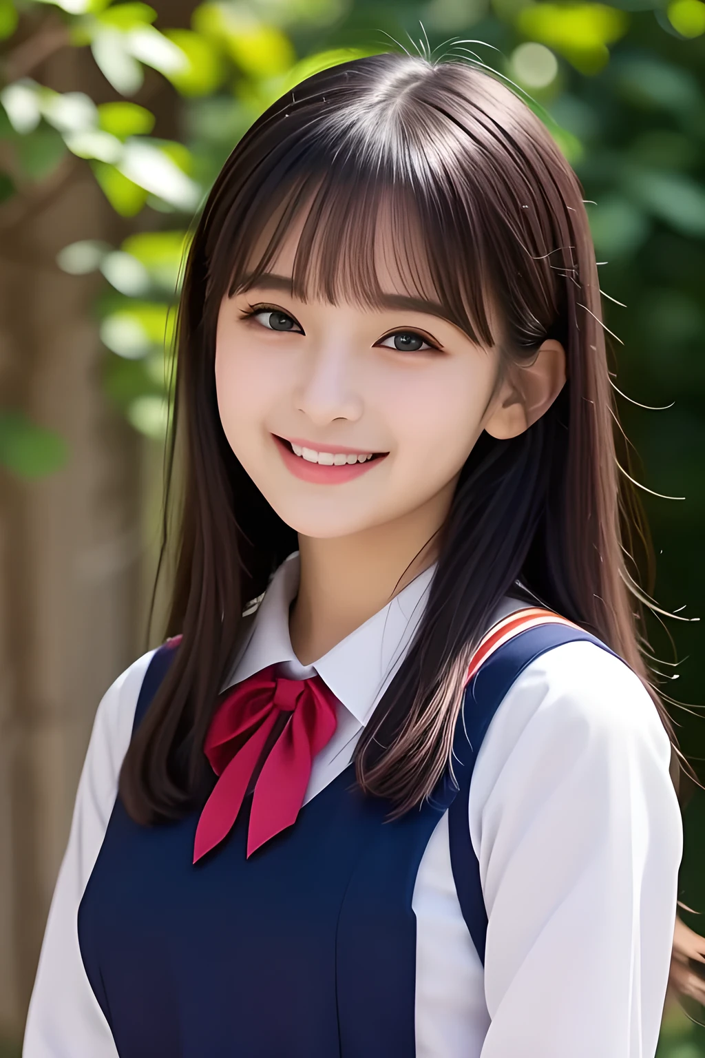 (highest quality, masterpiece, high resolution:1.2), 4K, (Photo quality detailed face: 1.2), geometry, yo beautiful girl, Laughing cutely, (neat girly white school blouse), (school ribbon on the breast), (navy Japanese school girly sailor uniform), (Beautiful light-amber-orange cute girly eyes with detailed: 1.2)