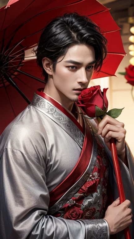 1boy, super handsome, black hair, biting a red rose on his mouth, hanfu style with silver armour holding a red rose, smelling a red rose