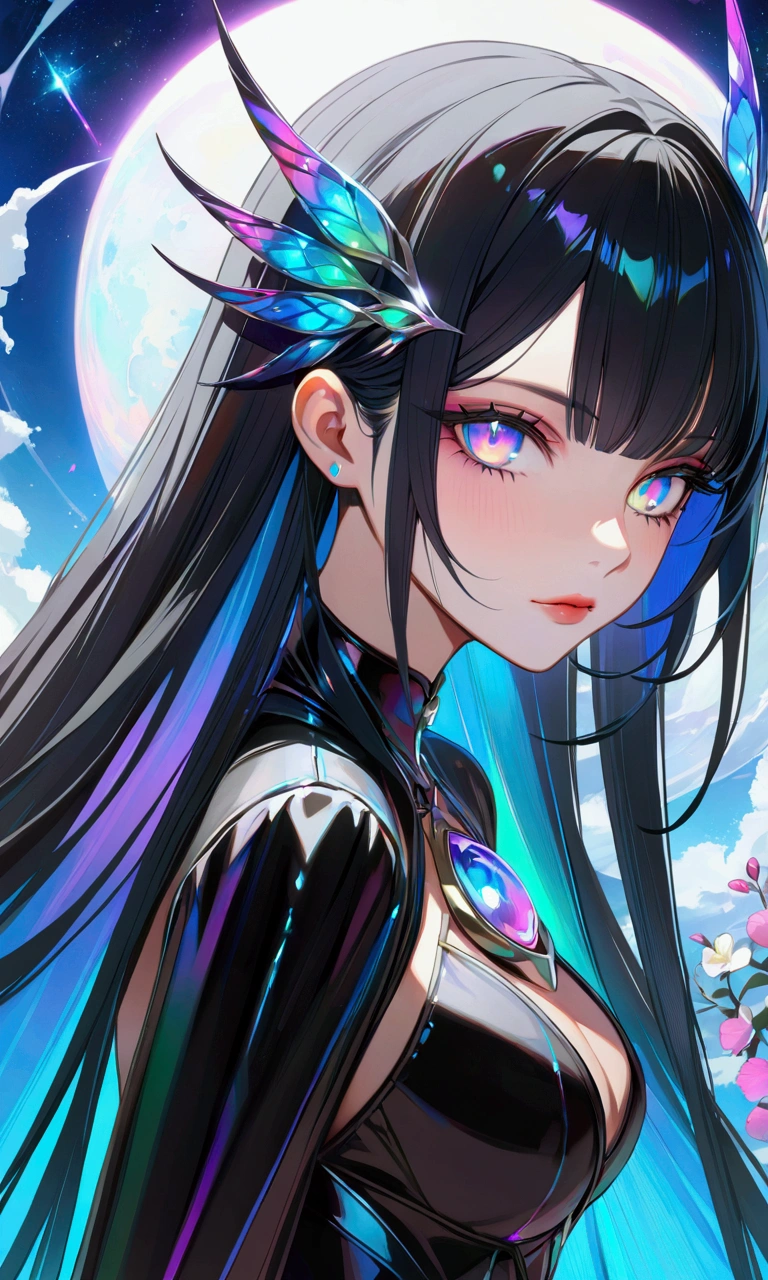 1girl,long black hair,iridescent eyes,aesthetic built,fantasy,best quality,4k