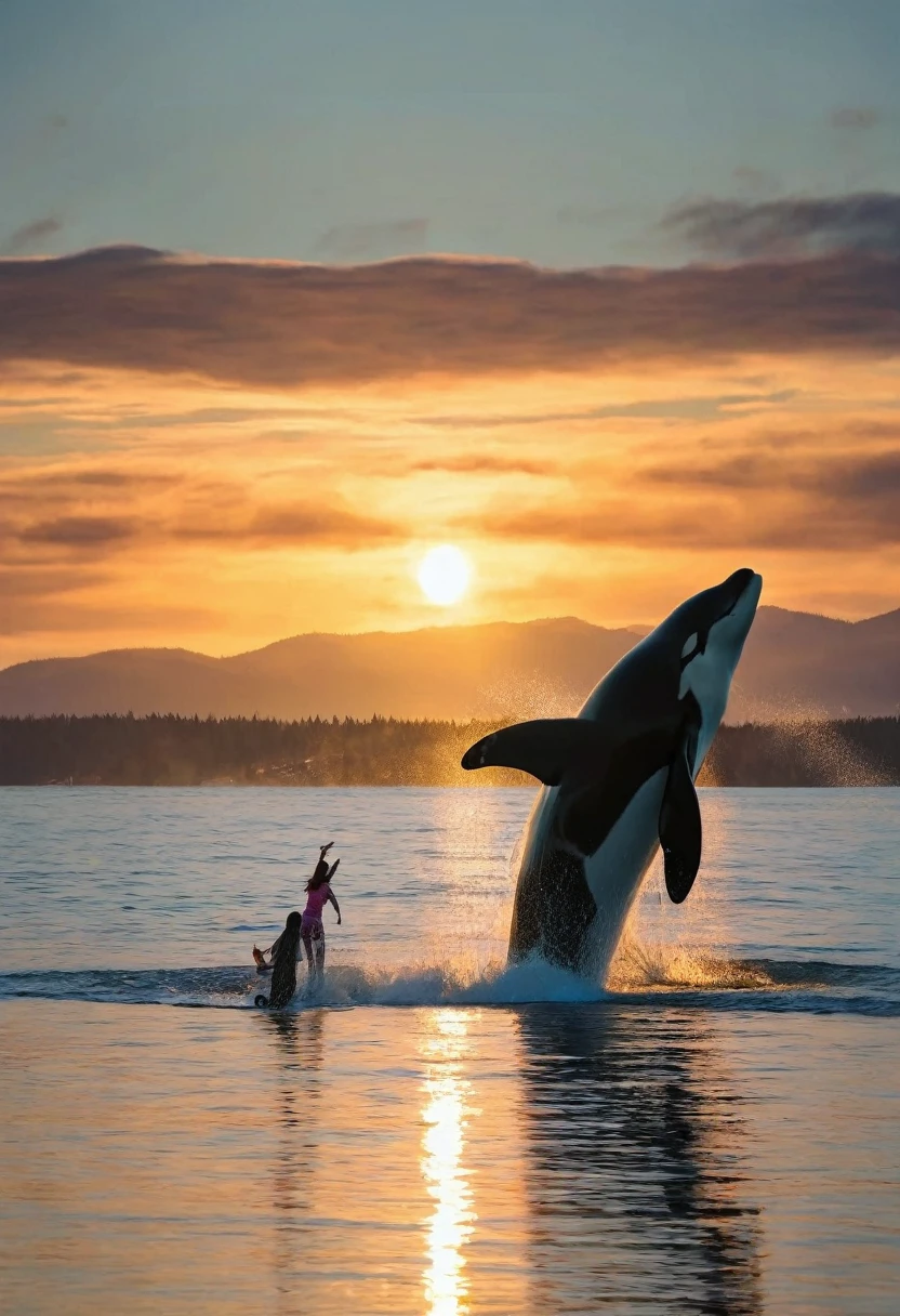 close-up of the face of a girl standing on the shore looking at a killer whale in flight sunset ocean,