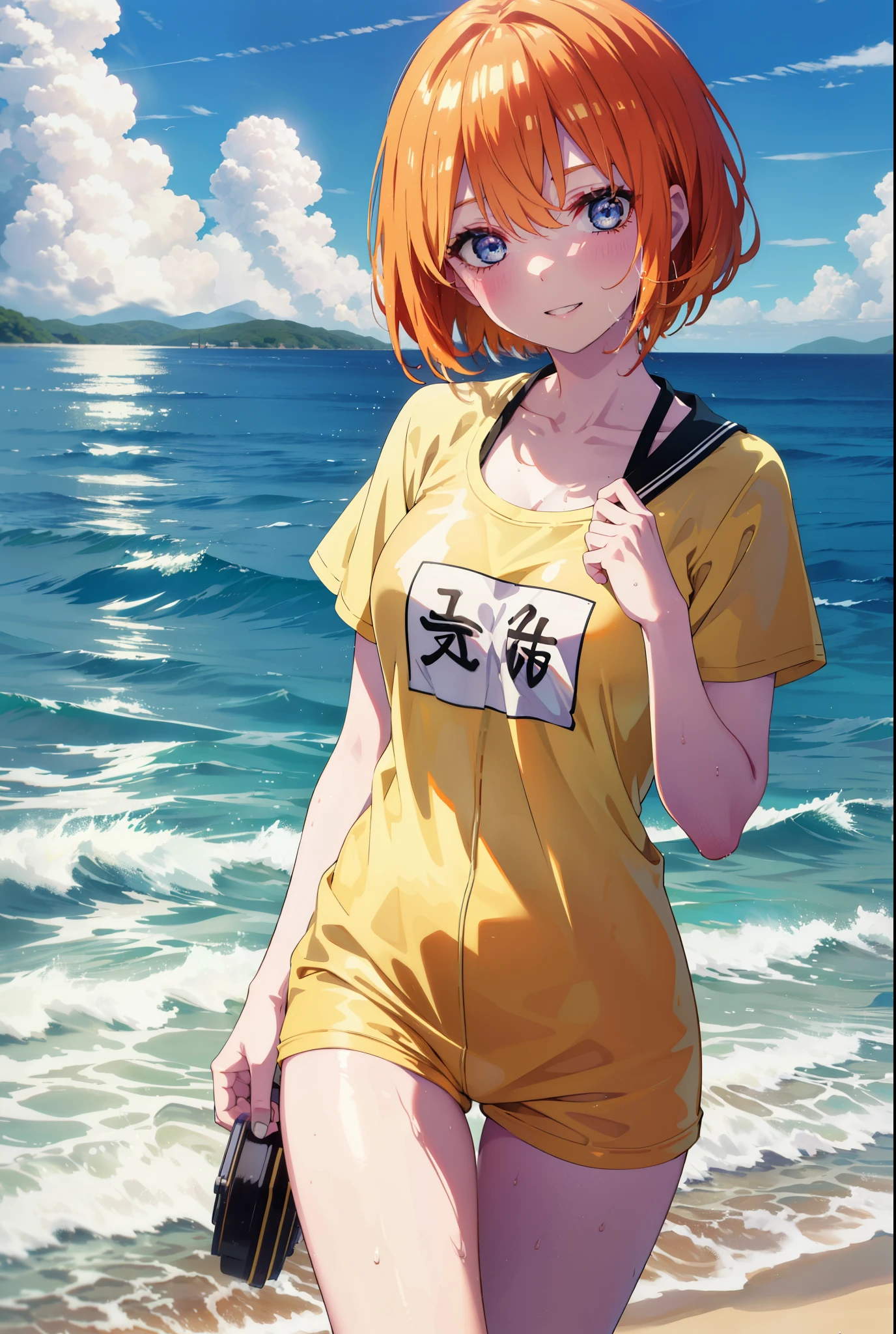 Yotsubanakano, Fourth floor Nakano, bangs, short hair, blue eyes, Hair between the eyes, Orange Hair, smile, Grin,Green T-shirt,Short sleeve,Yellow bikini swimsuit,barefoot,Wet swimsuit,Wet clothes,Wet Skin,Wet Hair,whole bodyがイラストに入るように,
break outdoors,Ocean,Beach,
break looking at viewer,whole body, (Cowboy Shot:1.5),
break (masterpiece:1.2), Highest quality, High resolution, unity 8k wallpaper, (figure:0.8), (Beautiful attention to detail:1.6), Highly detailed face, Perfect lighting, Highly detailed CG, (Perfect hands, Perfect Anatomy),