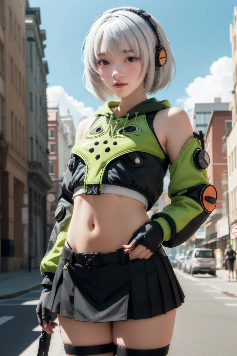 anbydemara, anby demara, (orange eyes:1.5), short hair, white hair,
BREAK bare shoulders, black gloves, black skirt, black thighhighs, fingerless gloves, gloves, green jacket, headphones, jacket, navel, skirt, stomach, thighhighs,
BREAK outdoors, city, sky, clouds, sun, buildings, crowd, people, alley,
BREAK looking at viewer, (cowboy shot:1.5),
BREAK (masterpiece:1.2), best quality, high resolution, unity 8k wallpaper, (illustration:0.8), (beautiful detailed eyes:1.6), extremely detailed face, perfect lighting, extremely detailed CG, (perfect hands, perfect anatomy),