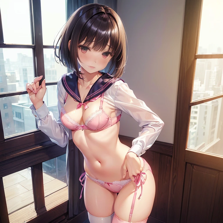 (((masterpiece, Highest quality, High resolution, 超High resolution, Pixel perfect, Written boundary depth, 4K, RTTX10.0))), Beautiful Anime Woman, Beautiful art style, Anime characters, ((Smooth texture, Realistic texture, Anime CG style)), Exact finger count、Exact number of legs、(Exact number of arms:1.0, Exact number of hands:1.0), (Perfect hands, Perfect Anatomy), Cinematic, Realistic, Highly detailed CG, Daytime lighting, Perfect lighting, Best Shadow, The best natural light, whole body, Perfect body, (Slender body:1.2), whole body, ((bangs, Dark brown hair, Stylish and cute bob cut)), ((Cute woman shows off panties in her hands:1.3)), (Fashionable white shirt, Sailor collar, Knee-high socks, loafers, Navy pleated mini skirt:1.3), ((Sexy and cute panties, (Stylish shiny satin pink panties:1.2), Side tie panties, Small lace panties:1):1.3), (Beautiful and very large breasts:1.1), (Beautiful and thin thighs:1.3), Short torso, Feeling embarrassed, (blush:1.2), (Embarrassed expression:1.4), (In the school classroom:1.3), Angle from the front,(((Openwork lace bodysuit for women,Deep V-neck,Open bra,Erotic lingerie,combination,lingerie,))),