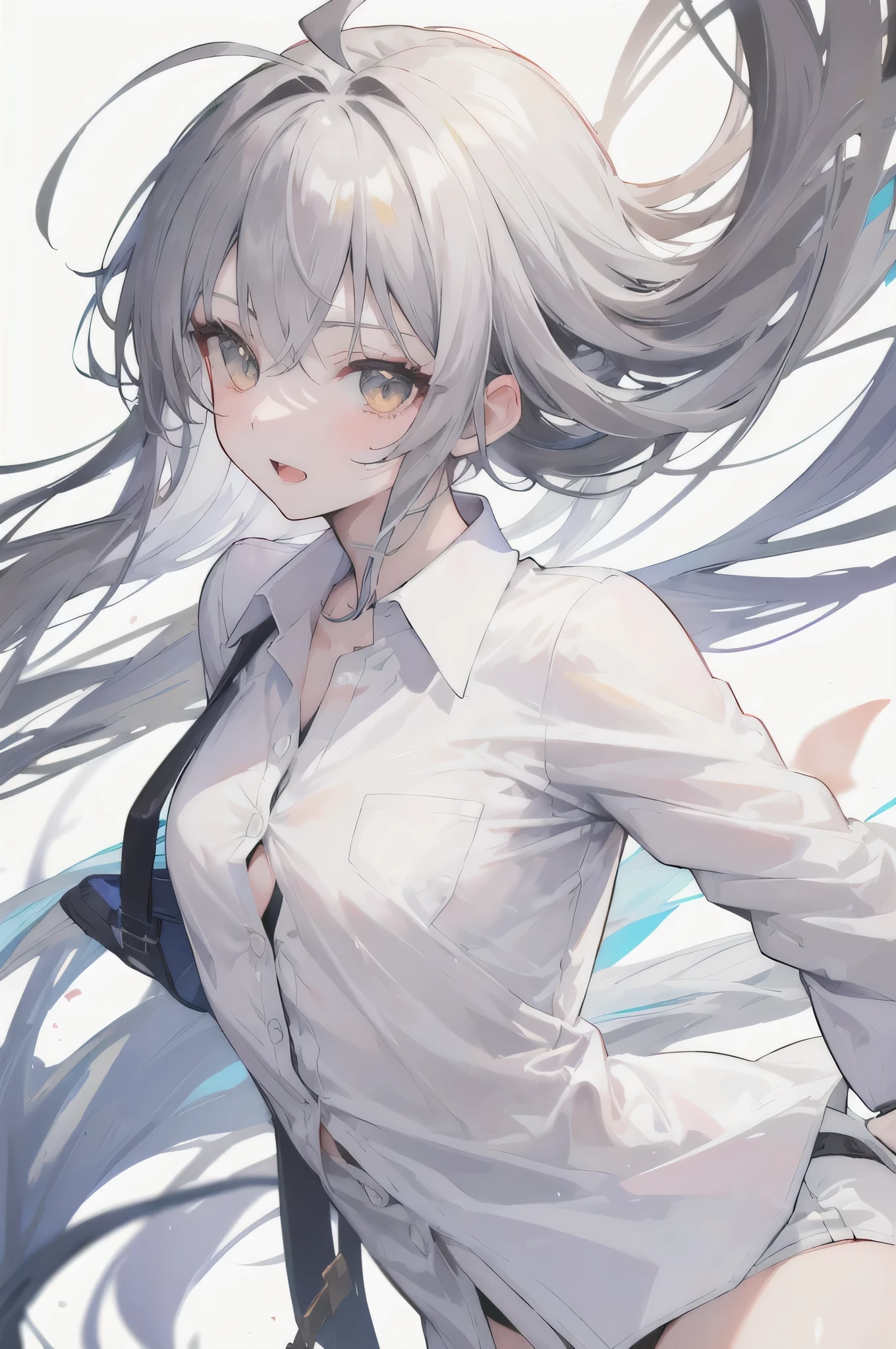 best quality, amazing quality, very aesthetic, absurdres, 1girl,shiroko (blue archive), blue archive, blue eyes, (artist official art:1.5), (realistic face:0.65), blush, breasts_apart, (loop writing:1.5), small breasts, orange color light, collarbone, commentary_request, cowboy_shot, downblouse, dress_shirt, green_skirt, hair_intakes, hanging_breasts, highres, lab_coat, leaning_forward, long_sleeves, looking_at_viewer, open_coat, open_mouth, sleeves_past_wrists, solo, white_background, white_shirt, nsfw, concept art, expressive eyes, perfect face, 4k, extremely detailed anime illustration, extremely detailed eyes, enhanced details, perfect anatomy, light rays, photo background, extremely delicate body, smooth skin, feminine expression, black background, cristal clear eyes, beautiful face