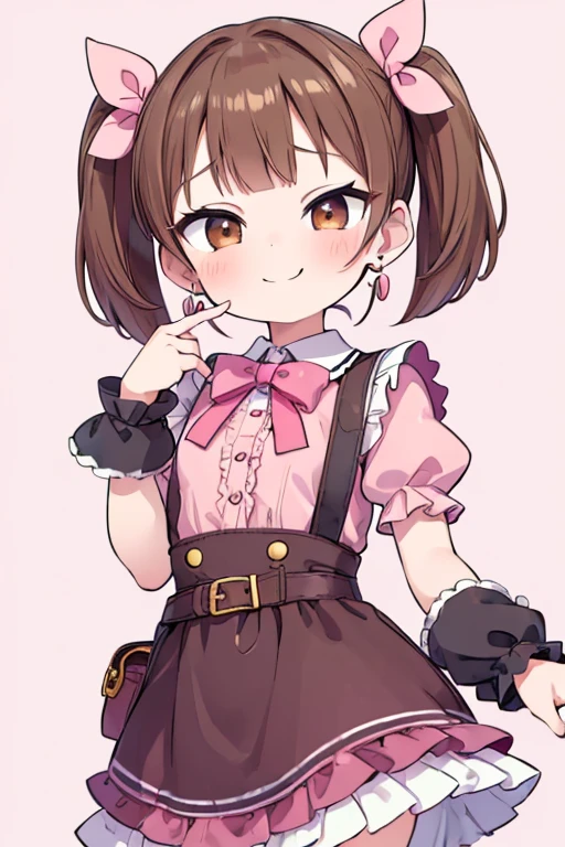 ((masterpiece: 1.3)), ((Highest quality: 1.2)), ((Very detailed: 1.4)), ((Simple Background: 1.1)), One Girl, 12-year-old girl、Brown Hair, Brown eyes, (Short Twin Tails: 1.5), Hair Ribbon, Hair Clip, Heart Earrings, Wicked Smile, Mischievous face, anime, Pink Ruffle Dress、Lolita Fashion、hilarious pose、Small breasts、Handguard、waist bag