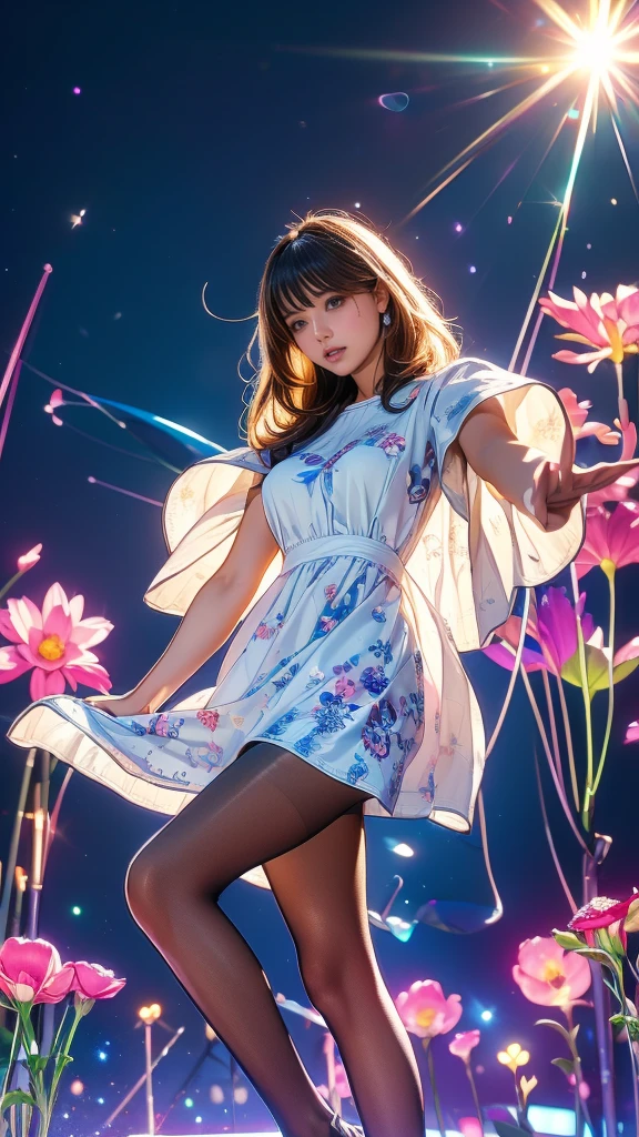 ((masterpiece)),(((Highest quality))),Thin thighs,Long legs,whole body:1.5，(One Girl:1.3),(pop pattern pantyhose and thick pointy heels：1.3),(Cute white casual summer outfit dress:1.2),short blonde:1.2、Model Pose，

Flowerpunk space background glitter effect, Lens flare, fluorescence, 