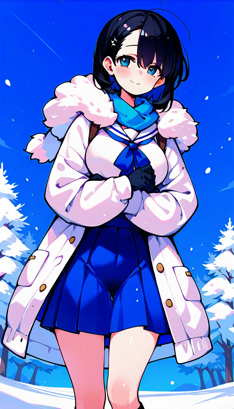 beauty smile blush Embarrassed Black Hair Sailor suit Duffle coat Scarf gloves Big Breasts Female organ Thick pubic hair The wind flips up my skirt Winter route to school snow