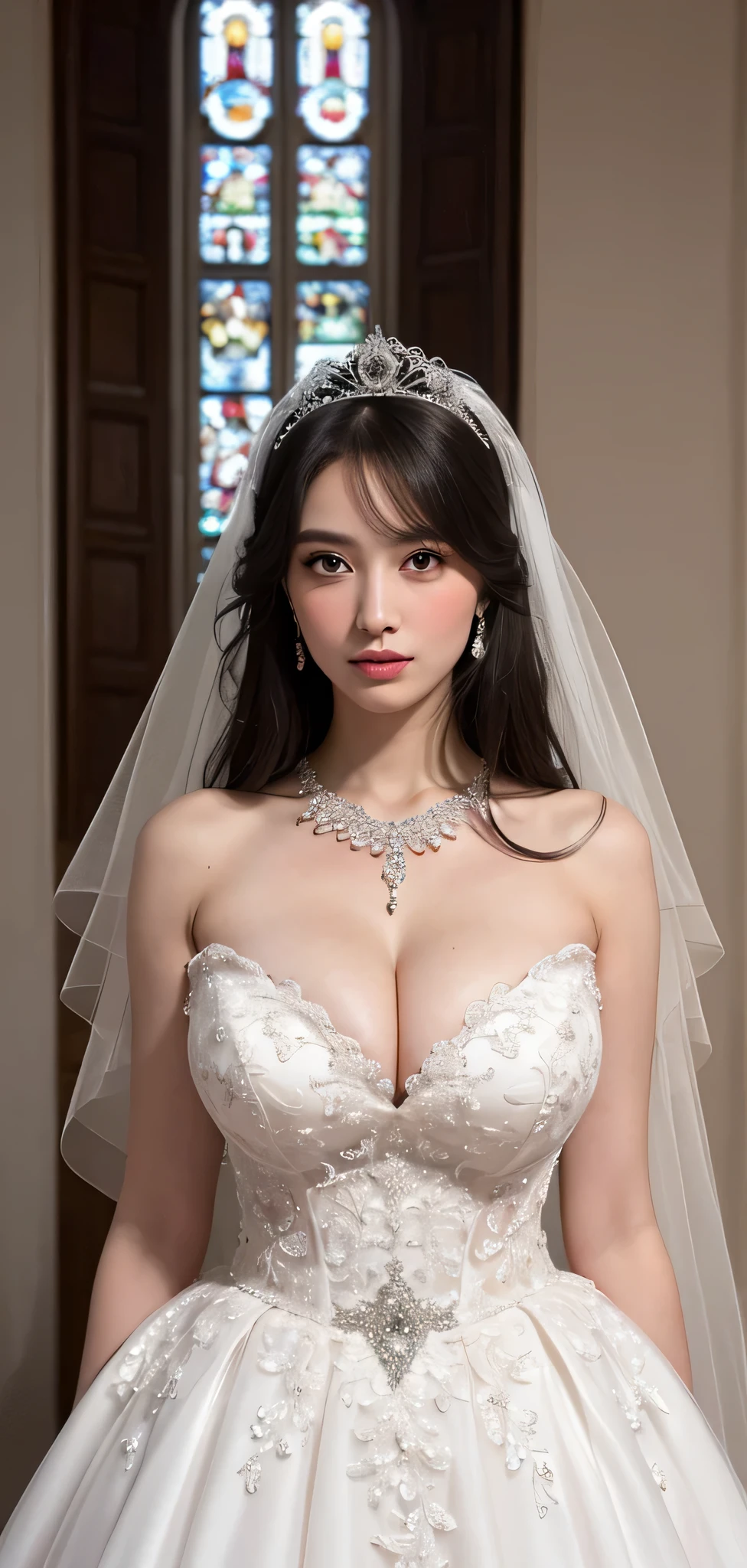 ((RAW images)),(Tabletop),(Highest quality, Realistic, In detail, High resolution, 8k wallpaper),(Super Detail),((Very delicate and beautiful)),Focus on the characters,Dynamic Angle,View your viewers,((alone)),Are standing,((whole body)),((A princess wearing a gorgeous ball gown wedding dress with a voluminous skirt)),((June Bride)),Detailed face and eyes,Jewel-like eyes,((Very long and voluminous hair)),Gorgeous embroidery and lace,((Gorgeous corsage)),See through,(Gorgeous Jewelry Ornaments),Luxury hair accessories,Gorgeous jeweled tiara,Gorgeous frills,((Big Tits)),indoor,Church wedding,((whole body)),Hoop skirt,crinoline,very long wedding veil,(((A mix of bejeweled wedding dresses and lavishly embroidered Rococo ball gowns))), (((Very large breasts bigger than a face)))