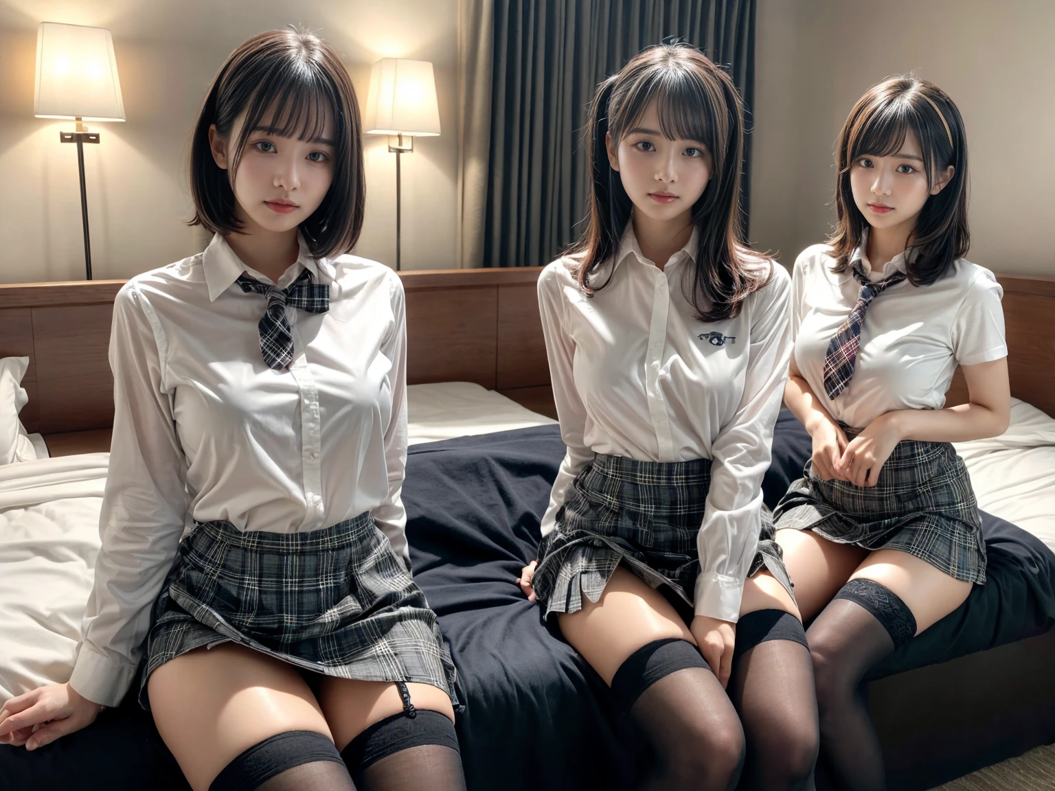 masterpiece, best quality, illustration, Super detailed, fine details, High resolution, 8K,wall paper, perfect dynamic composition,(Details High quality, realistic depiction of eyes:1.3), (3 girls), (white school shirt :1.2), (plaid skirt :1.3), tie black, black thigh-high stockings, sitting, open legs, short bob hair, in a hotel room in the background, deep on field, large breasts, black hair color, Big Natural Color Lip, (perfect body shape), crying a little、Harajuku style、20 year old girl、cute type、beautiful legs, Gravure Idol