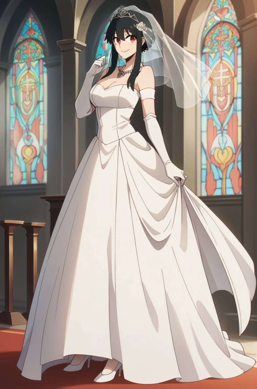 Yor forger quite big chest wearing wedding dress, white dress,tiara, bridal veil, necklace, cleavage, strapless dress, white dress, white gloves, elbow gloves, pair of white hich heels, standing, church, smile, closed mouth, long dark black hair, straight hair, red eyes
