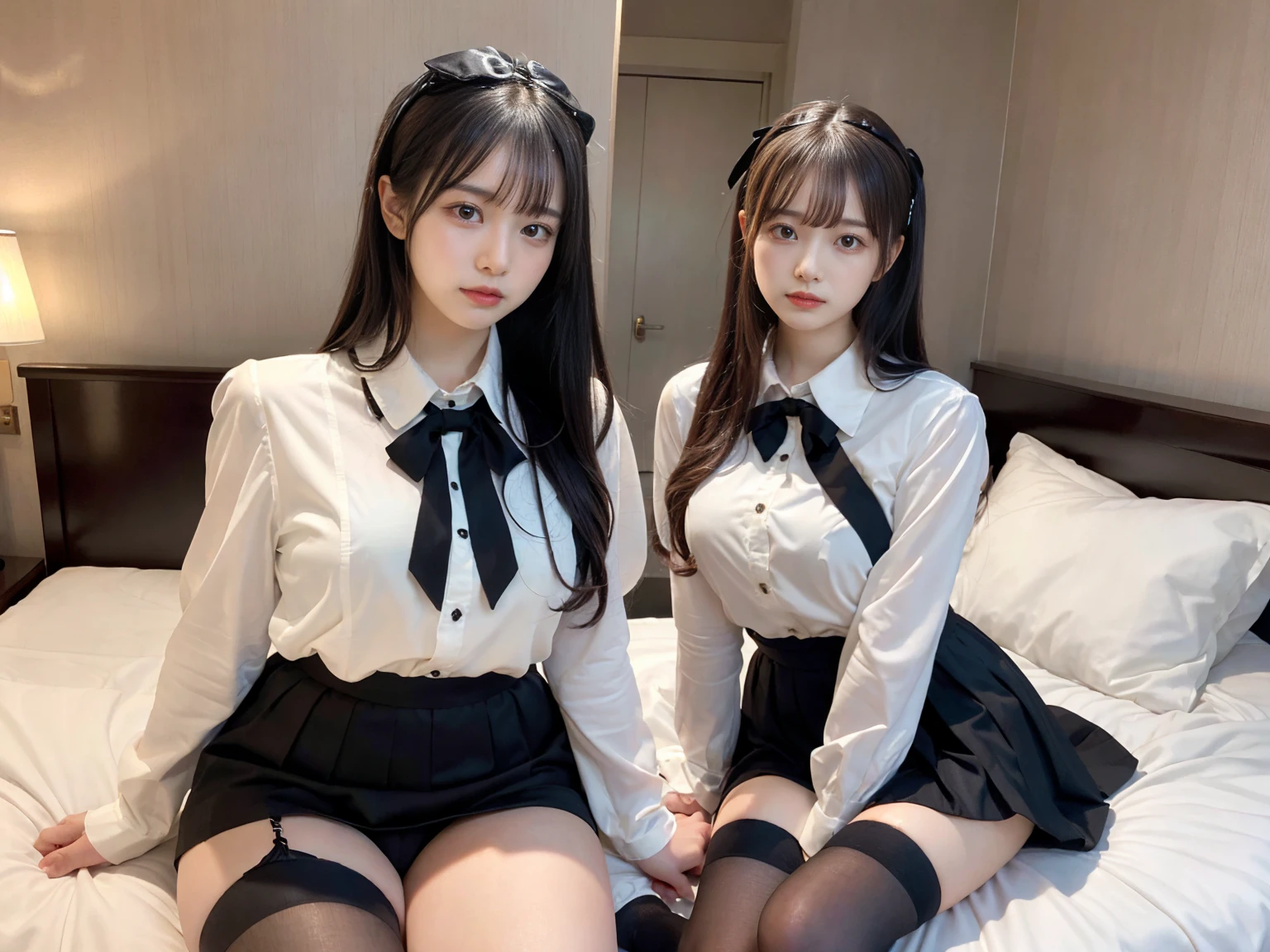 masterpiece, best quality, illustration, Super detailed, fine details, High resolution, 8K,wall paper, perfect dynamic composition,(Details High quality, realistic depiction of eyes:1.3), (2 girls), (collared shirt:1.1), pleated skirt, knee high socks, large breasts, black hair color, Big Natural Color Lip, bold sexy pose, (perfect body shape), crying a little、cold gaze, Harajuku style、20 year old girl、cute type、lolita、beautiful legs, hotel room, hposing Gravure Idol, Voluptuous thighs