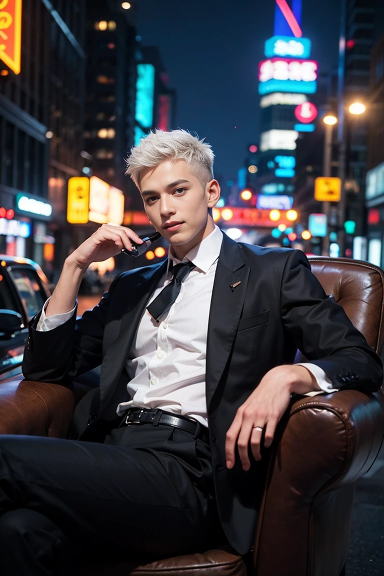 Realistic photos, 8k ,Handsome brown-haired man Imagine Gojo Satoru from Jujutsu Kaisen reimagined in a contemporary urban setting. He sits confidently in a luxurious, high-backed chair, upholstered in rich, dark leather with intricate detailing. His sleek, tailored black suit with a modern twist, paired with a crisp white shirt and a slim black tie, adds to his sophisticated appearance. His signature white hair is styled in a trendy, tousled manner, and his striking blue eyes are fully visible, adding to his captivating and powerful aura.
Gojo has one leg casually crossed over the other, exuding an air of effortless authority and elegance. In one hand, he casually holds a smartphone, glancing at it with a smirk, while his other hand rests on the armrest of the chair. The backdrop is a bustling cityscape with neon lights reflecting off skyscrapers, capturing the essence of a vibrant nightlife. Despite the modern surroundings, his presence remains commanding, and his enigmatic smile suggests he's always in control.