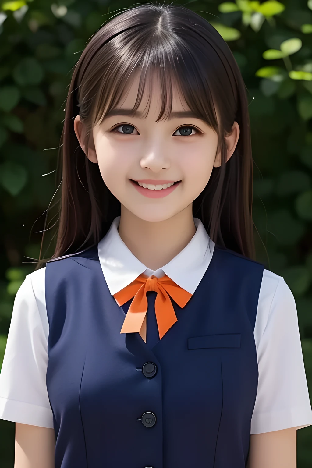 (highest quality, masterpiece, high resolution:1.2), 4K, (Photo quality detailed face: 1.2), geometry,  yo beautiful girl, Laughing cutely, (neat girly white school blouse), (school ribbon on the breast), (Gray Japanese school girly vest Uniform), (Beautiful light-amber-orange cute girly eyes with detailed: 1.2)