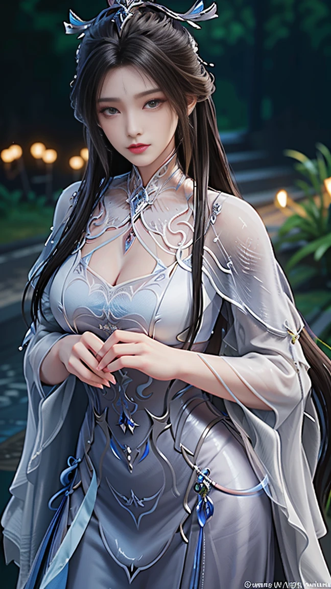 best quality, tmasterpiece,Ultra-high resolution,Clear face,(Reality:1.4),perfect lighting,(upper body photo), (photorealistic:1.50), anime wallpaper, Guviz style artwork , cover-up fantasy to magic, by Yang J, Guviz, beautiful artwork illustration, beautiful digital artwork, beautiful digital illustration, Li Song, beautiful anime portrait, art style at Beauvot, 1girl,solo, long hair, black hair, hair ornament, Chinese dress, full body view, big breast,