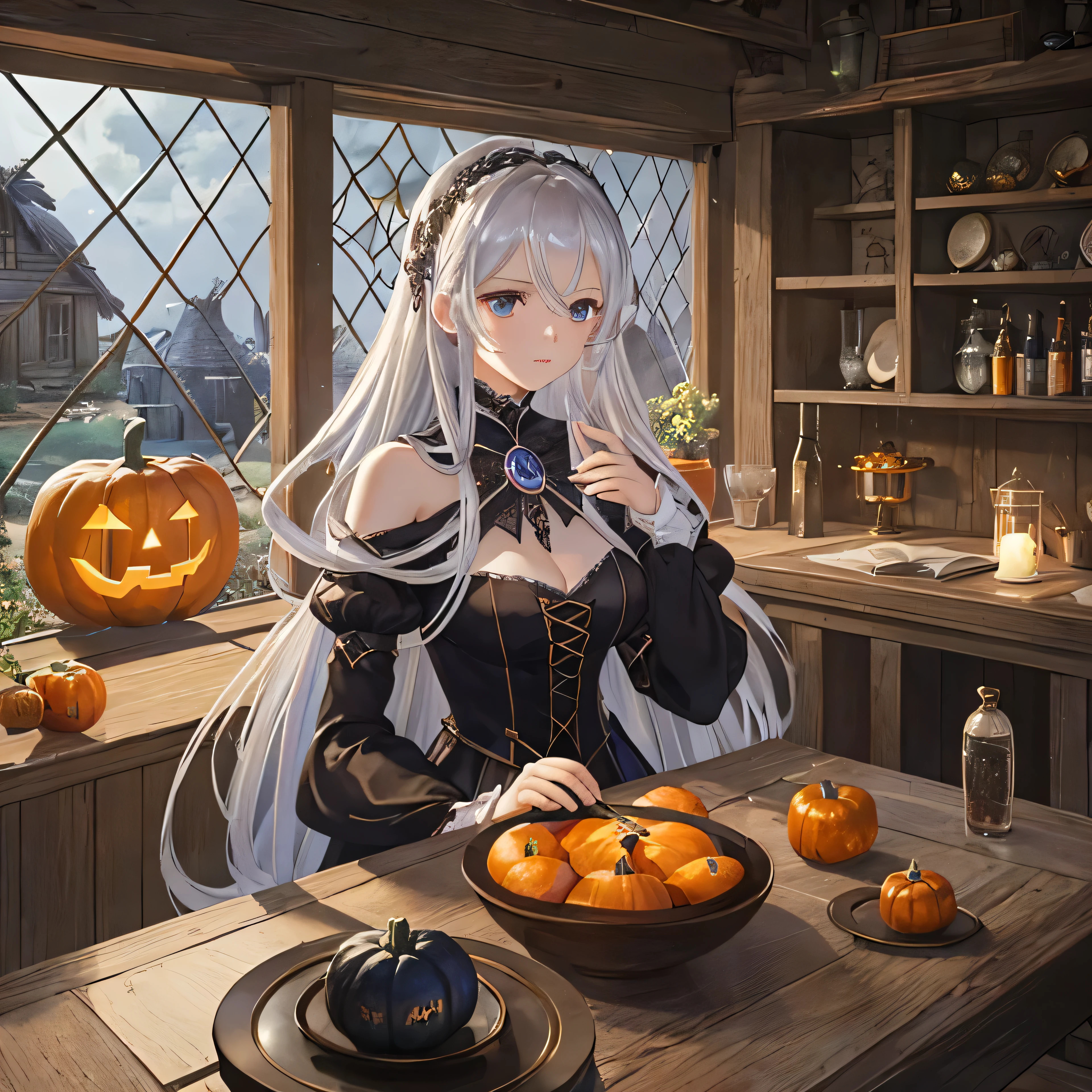 MTG, Eriette, silver hair (​masterpiece、top-quality、top-quality、Beautifully Aesthetic:1.2)、(1womanl:1.3)、Halloween、Beautuful Women、the witch、bewitching、Geometry、squash、Marco, dark witch hut interior background. make HD 8k Quality, Vibrant colors that pop, fix left hand