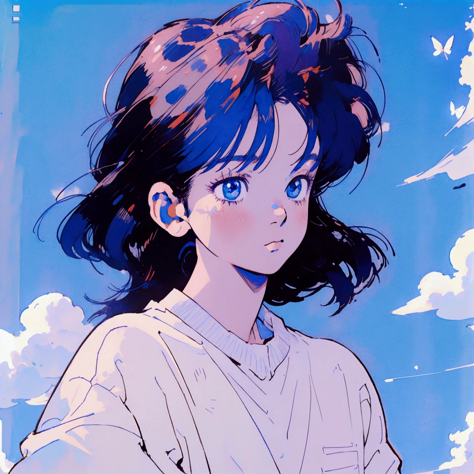 A man with Korean hair manga, wearing a white shirt, with a butterfly flying to his nose, big eyes, cold white skin, thin body, close-up upper body, blue sky and white clouds in the background, minimalism, minimalist style, Japanese poster manga, Lines, Light Blue, Light Pink, Low Saturation, Light Color