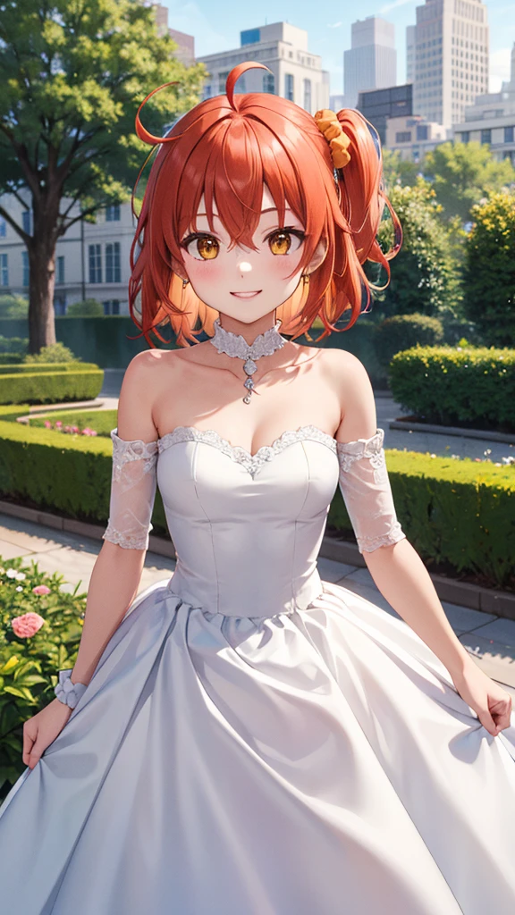 masterpiece, best quality, highres, aaritsuka, short hair, ahoge, hair scrunchie, orange scrunchie, smile, city, garden, wedding dress, off the shoulder