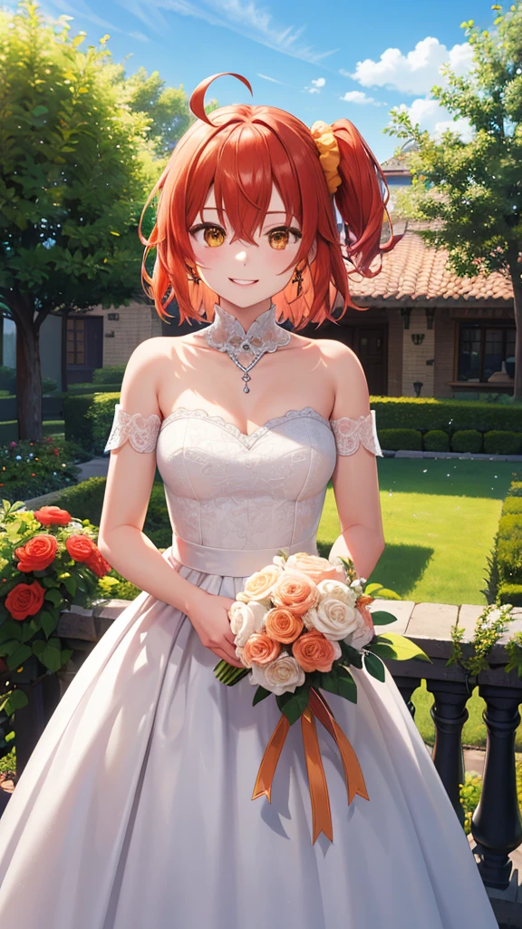 masterpiece, best quality, highres, aaritsuka, short hair, ahoge, hair scrunchie, orange scrunchie, smile, city, garden, wedding dress, off the shoulder