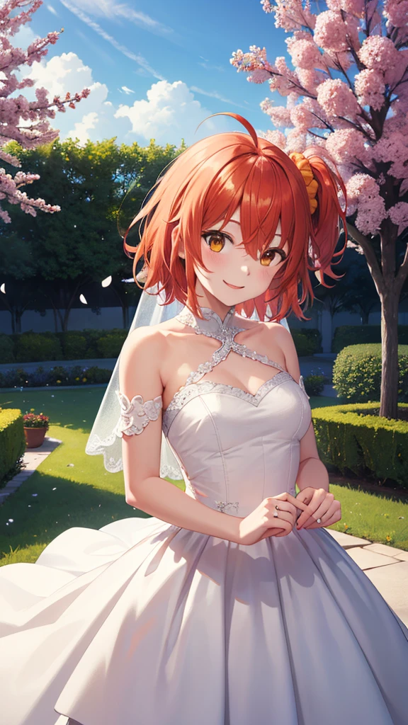 masterpiece, best quality, highres, aaritsuka, short hair, ahoge, hair scrunchie, orange scrunchie, smile, city, garden, wedding dress, off the shoulder