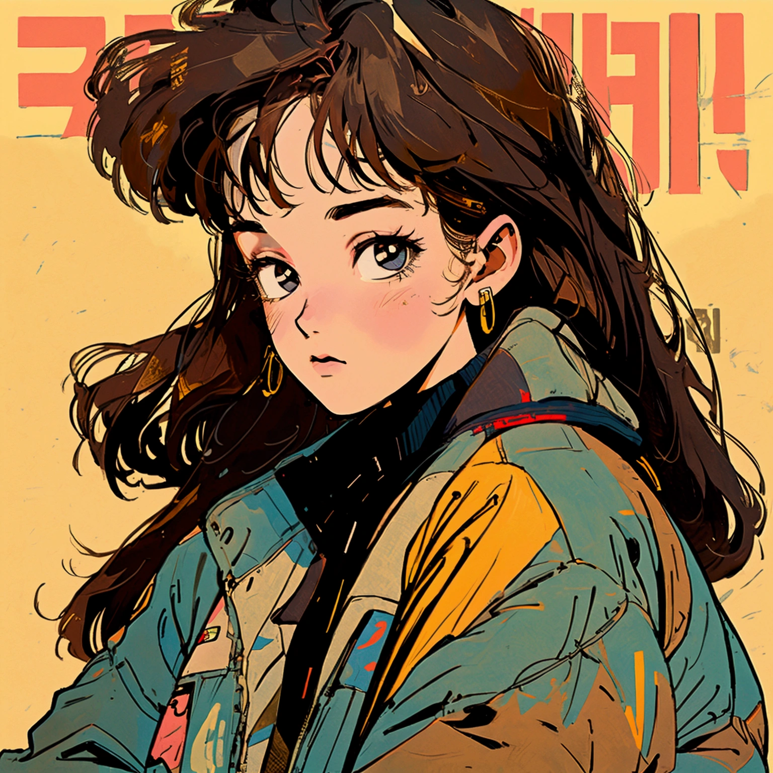A beauty with long brown hair, beautiful face, female, cartoon illustration, close-up, wearing a retro trend suit jacket, the background is various newspapers and covers, retro grunge style, Japanese style