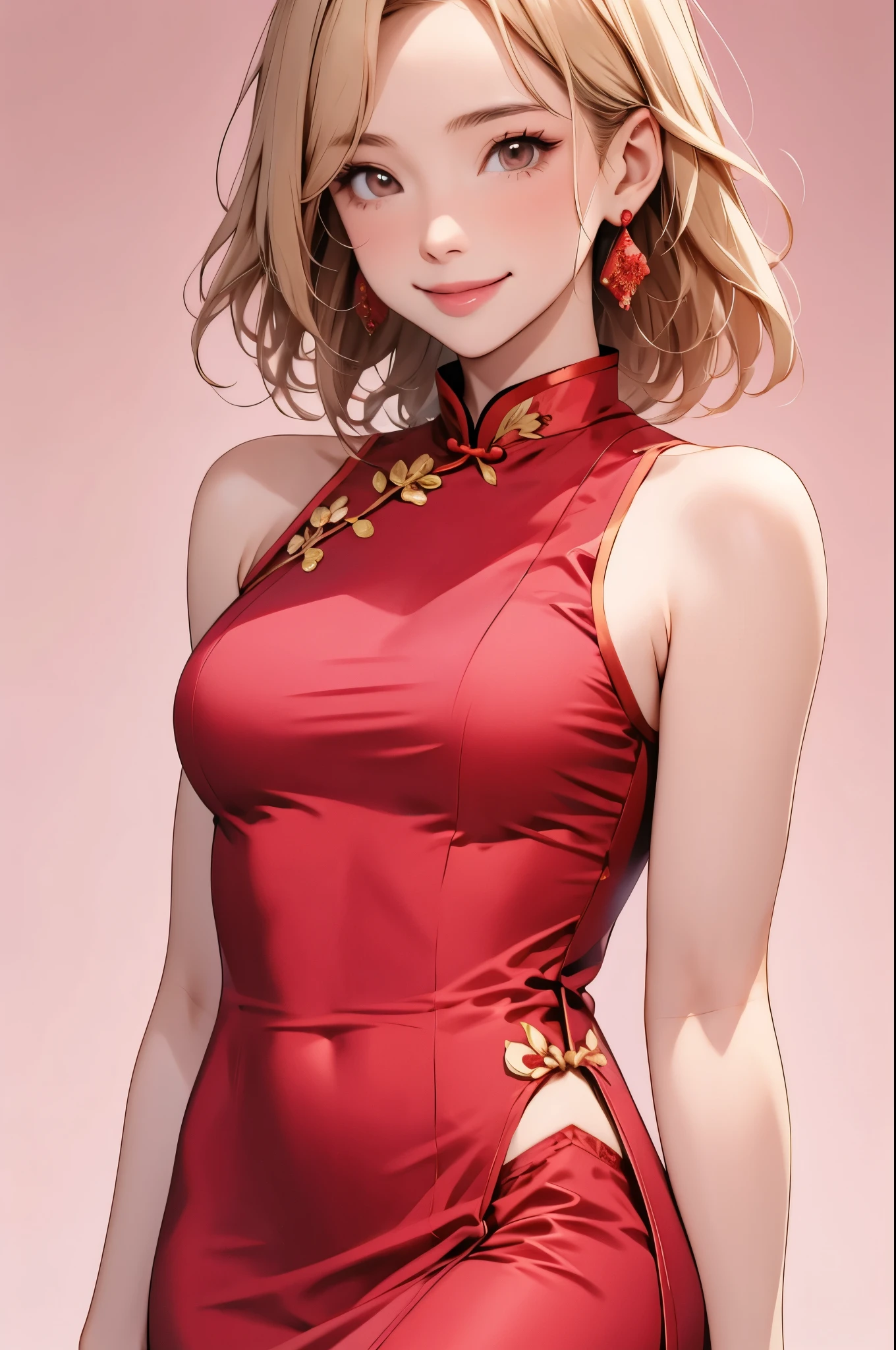 high resolution,smile,woman,woman1人,adult,cute,Golden Hair,Brown eyes, Red Chinese Dress,Sleeveless cheongsam,whole body, BREAK Pink background,