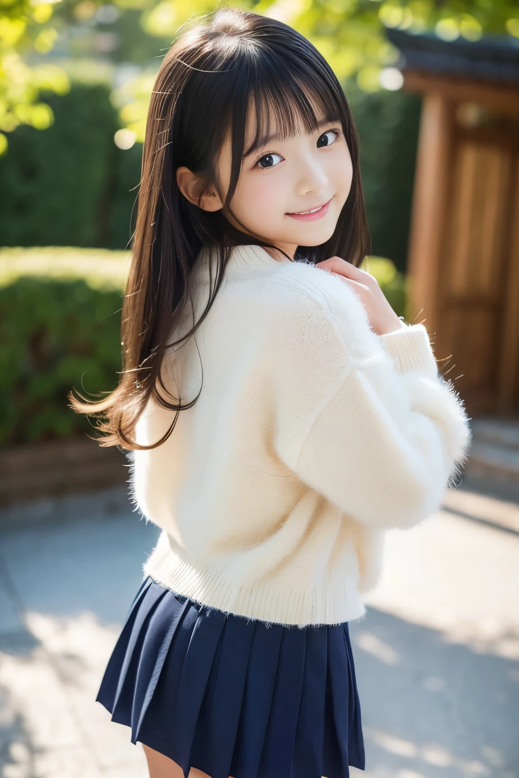 (((masterpiece))), (((Full body photo)))， (Beautiful Japanese Girl, Innocence，cute) ，Ultra-high resolution, Realistic, Ultra-detailed, 8k,Highest quality, Very detailed, Detailed Background,Slender,とてもBeautiful Japanese Girl, Detailed face:1.3), (Fluffy long hair,Black-haired :1.4), (Baby Face，cute系,Adorable 12 year old girl), (Perfect body:1.1),，Cute Smile:、show me your beautiful teeth、非常にDetailed face、Detailed lips、Detailed eyes、 gravure idol，Clear Skin、Realistic:1.37，No makeup，Neutral lighting,(Highest quality, masterpiece), (One girl, alone, school uniform,Navy blue jumper skirt,,Are standing , View your viewers, Beautiful clavicle、have a paperback book、Mouth closed, Upper Body),(at the library)
