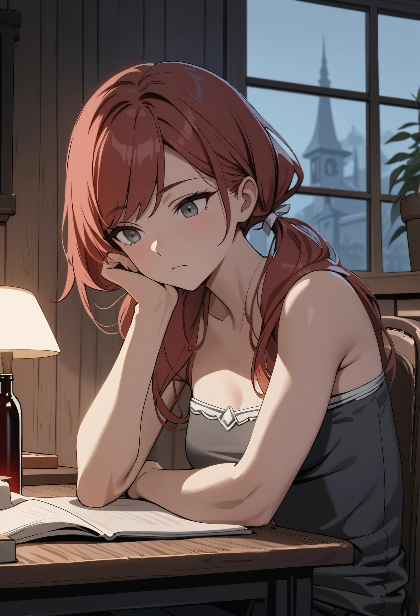 (masterpiece, best quality), stoic, girl leaning forward in chair, hand on own face, looking down at book, biceps, book, beautiful face, upper body, close up, Gray eyes, red hair, swept bangs, low twin tails, white ribbons, gray strapless shirt with white trim, black jeans, small breasts, toned arms, night, wine bottle, drinking from glass, sitting on chair in front of desk, wooden walls, lone window, table with cloth, potted plants,