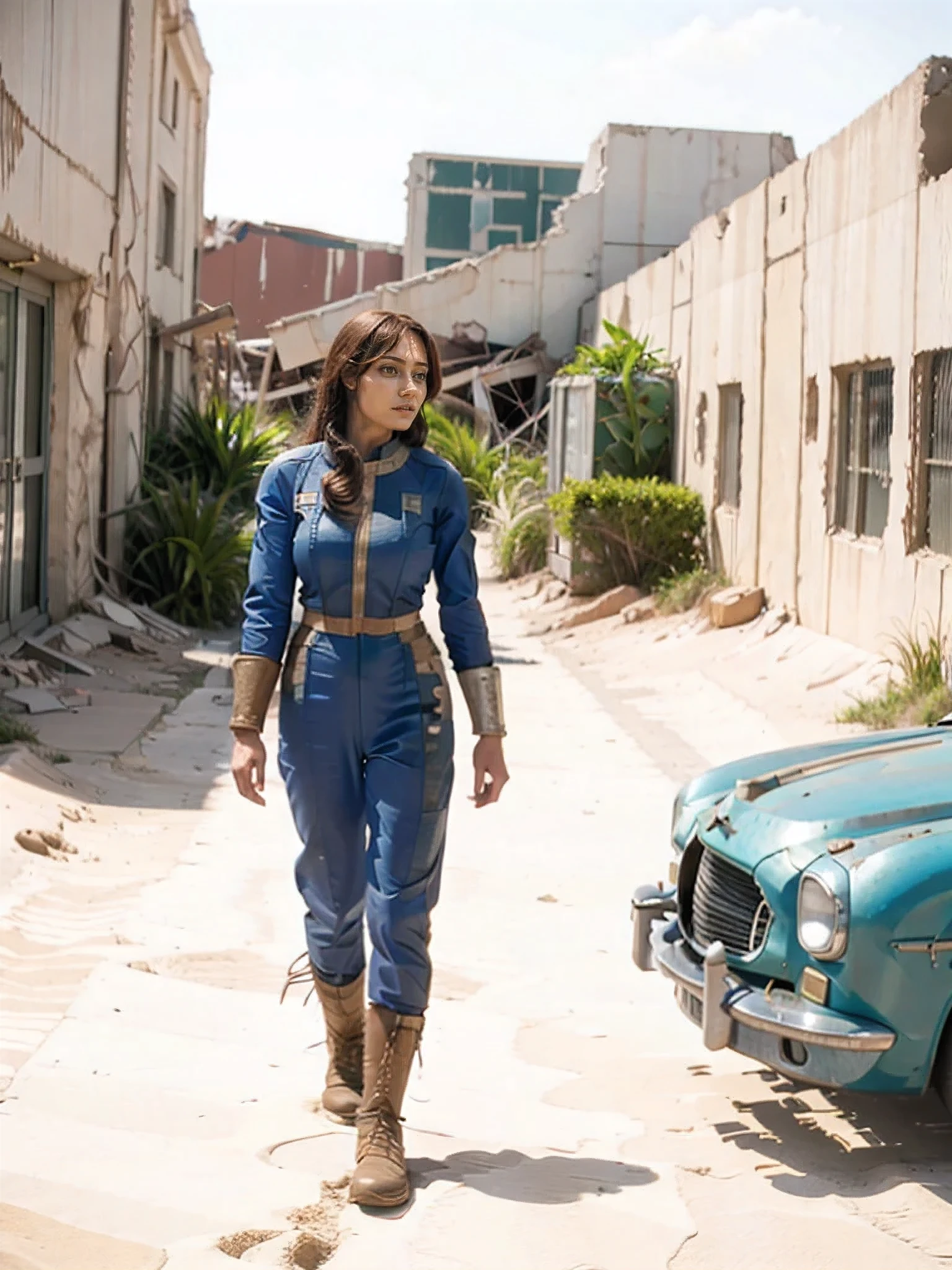 There is an 18 year old girl wearing a blue and gold vaultsuit -Vaultsuit Lucy- walking through a ruined city holding a large fallout gun, in a post-apocalyptic Las-Vegas city, destroyed casino buildings, (overgrown with vegetation), helicopter crash wreak, old rusty 1950's American cars, dead deathclaw mutants vegetation next to buildings. professionally color graded, professional photography, well drawn, masterpiece, hyper realistic, ultra detailed, high quality, best quality, 4k, 8k, raw, detailed