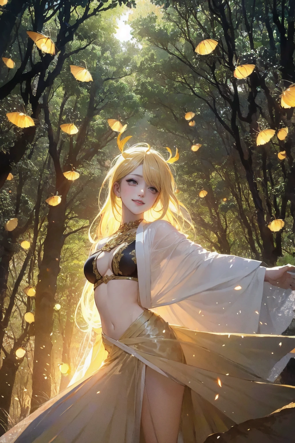 1 girl, ,,Simple smile, High-definition images, A woman, Her hair is decorated with glowing fireflies, There is a charming light in the eyes. Wearing a robe woven from moonlight, She stood in a mysterious forest,The trees come alive. on site, Bathed in the ethereal light of fireflies, Captured in an enchanted forest art style., (masterpiece, best quality, Official Art,Intricate details:1.2),Bikini,underwear,,Ketone bodies are looming