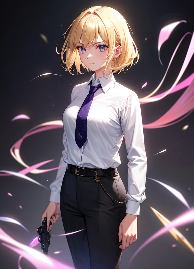 best quality,highres,masterpiece,sparkles,ornate,bloom light,ambilight,halatio,detail skin,((skin glowing, subsurface scattering)),particles,ray tracing,1girl,black belt, blonde hair, closed mouth, collared shirt, grey pants, grey suit, gun, hand in pocket, holding gun, necktie, photo background, pink necktie, serious, white shirt, solo, looking at viewer, short hair, bangs, long sleeves, standing, white shirt, formal, handgun, cowboy shot