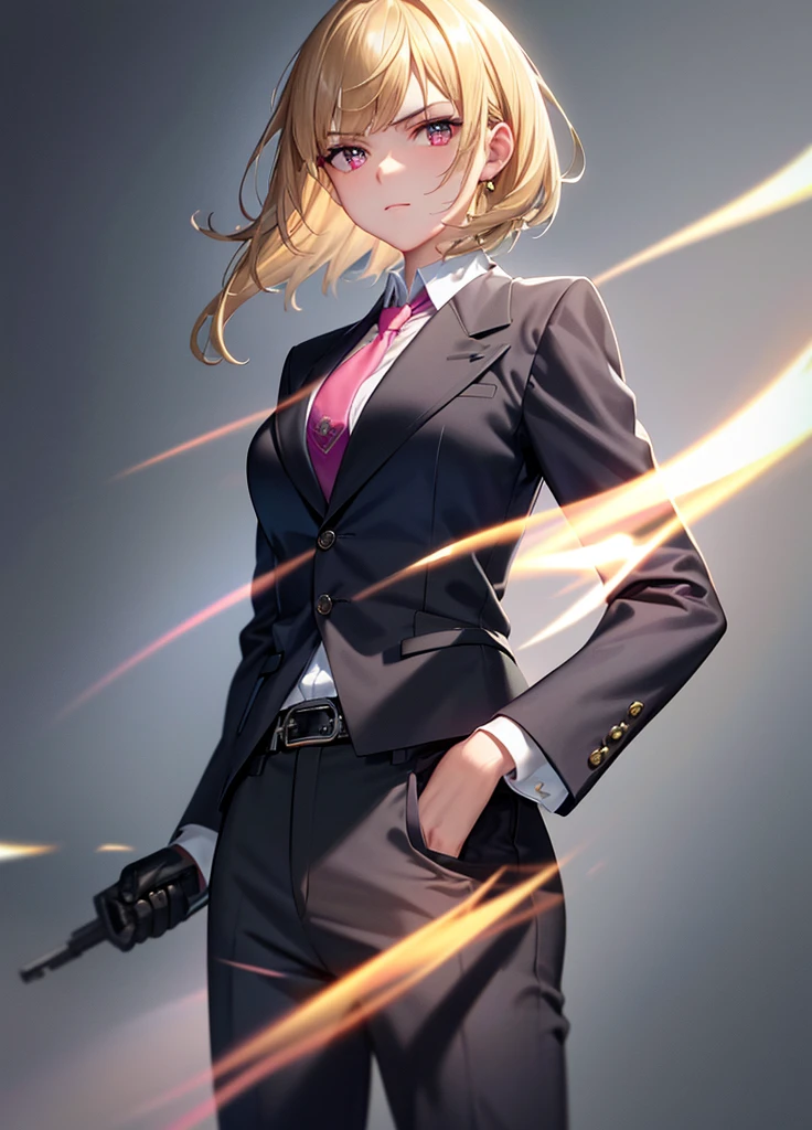 best quality,highres,masterpiece,sparkles,ornate,bloom light,ambilight,halatio,detail skin,((skin glowing, subsurface scattering)),particles,ray tracing,1girl,black belt, blonde hair, closed mouth, collared shirt, grey pants, grey suit, gun, hand in pocket, holding gun, necktie, photo background, pink necktie, serious, white shirt, solo, looking at viewer, short hair, bangs, long sleeves, standing, white shirt, formal, handgun, cowboy shot