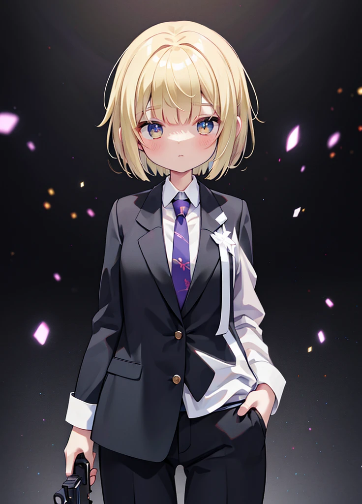 best quality,highres,masterpiece,sparkles,ornate,bloom light,ambilight,halatio,detail skin,((skin glowing, subsurface scattering)),particles,ray tracing,1girl,black belt, blonde hair, closed mouth, collared shirt, grey pants, grey suit, gun, hand in pocket, holding gun, necktie, photo background, pink necktie, serious, white shirt, solo, looking at viewer, short hair, bangs, long sleeves, standing, white shirt, formal, handgun, cowboy shot