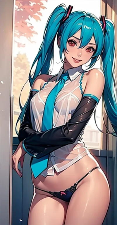 masterpiece, hatsune miku, 32K, (See-through shirt)Blue tie, Exposing shoulders, The sleeves are separated, Evil Smiley Face, Dark Skin, Red eyes, Iris, Pupil orange,Showing her panties,