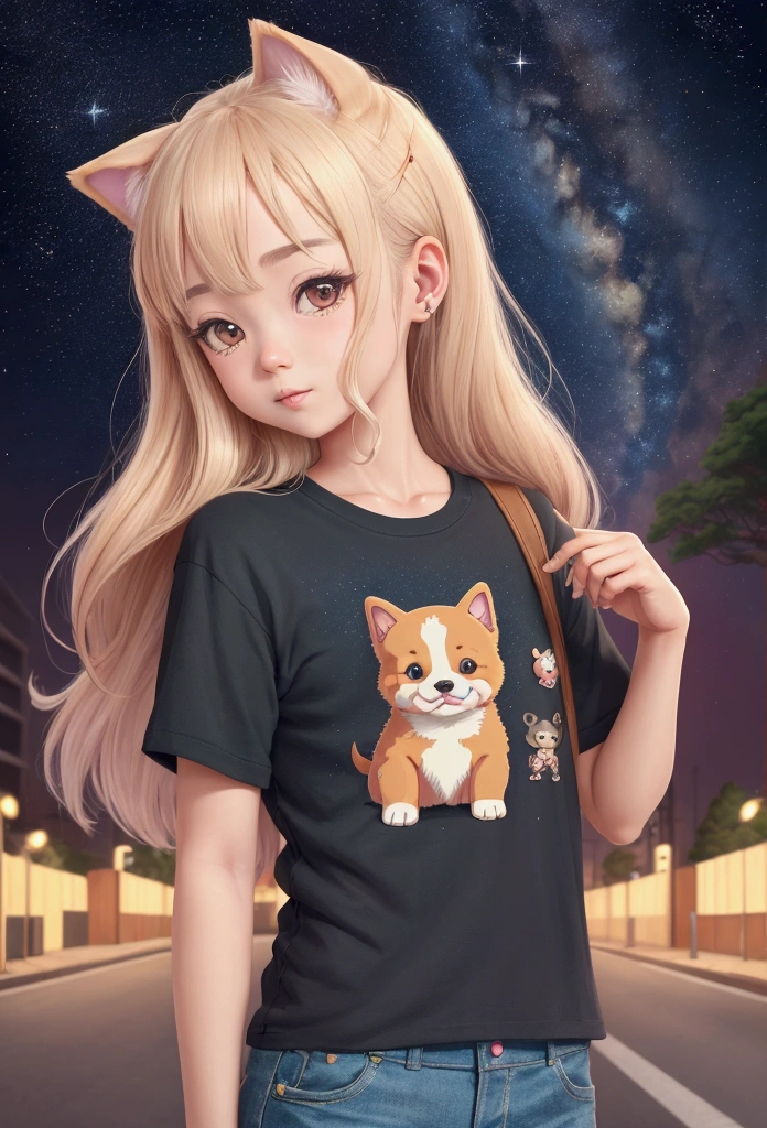 No people, sticker 2d design, cute and lovely puppy, T-shirt design for boys and girls, collage, clay, fancy, 32 bit, 35-70mm, logo, accent lighting, spectrum color, pencil drawing, book effect, japanese cartoon movies, kitsch, A winding road with a million stars.