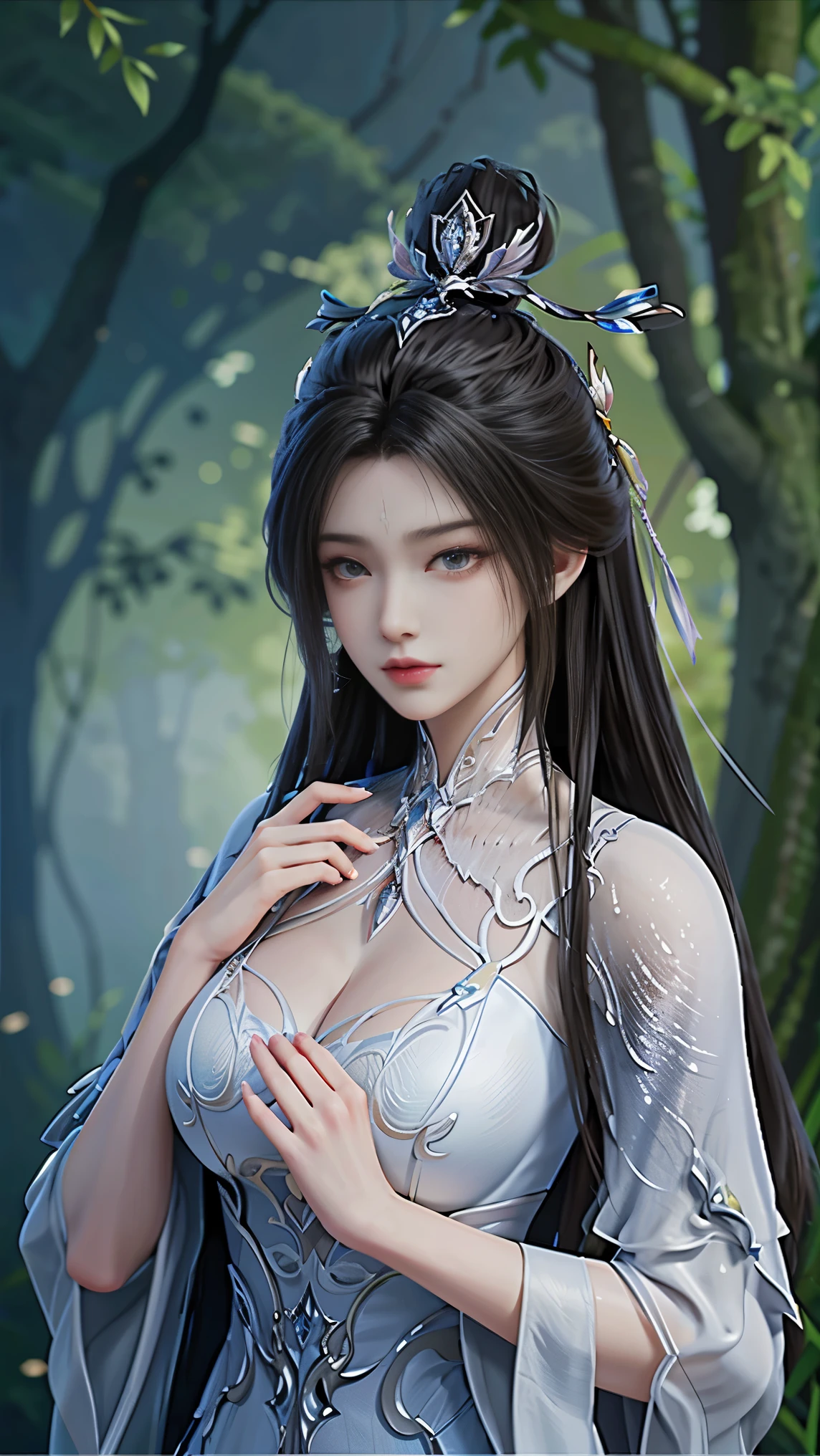 best quality, tmasterpiece,Ultra-high resolution,Clear face,(Reality:1.4),perfect lighting,(upper body photo), (photorealistic:1.50), anime wallpaper, Guviz style artwork , cover-up fantasy to magic, by Yang J, Guviz, beautiful artwork illustration, beautiful digital artwork, beautiful digital illustration, Li Song, beautiful anime portrait, art style at Beauvot, 1girl,solo, long hair, black hair, hair ornament, Chinese dress, full body view, big breast,
