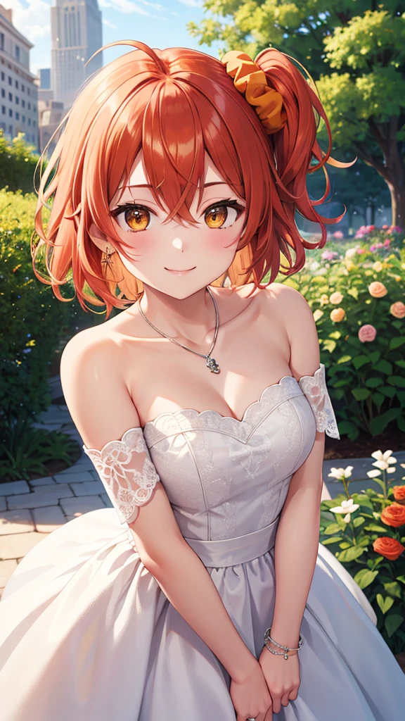 masterpiece, best quality, highres, aaritsuka, short hair, ahoge, hair scrunchie, orange scrunchie, smile, city, garden, wedding dress, off the shoulder, collarbone, necklace, jewelry