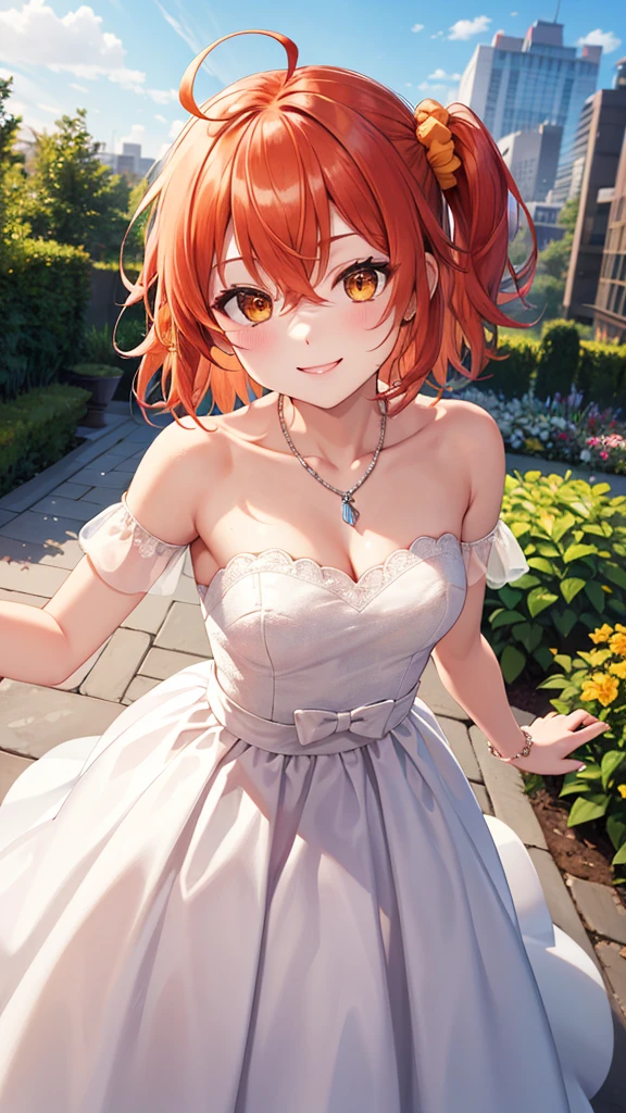 masterpiece, best quality, highres, aaritsuka, short hair, ahoge, hair scrunchie, orange scrunchie, smile, city, garden, wedding dress, off the shoulder, collarbone, necklace, jewelry