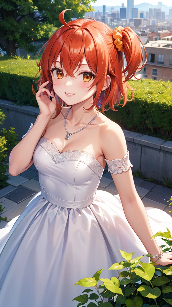 masterpiece, best quality, highres, aaritsuka, short hair, ahoge, hair scrunchie, orange scrunchie, smile, city, garden, wedding dress, off the shoulder, collarbone, necklace, jewelry