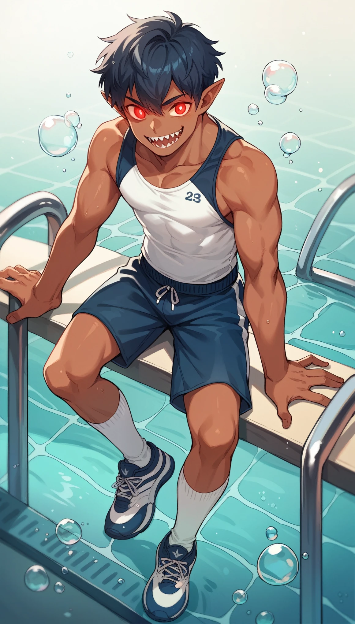 Handsome man,Slim body，Pointed ears, Solitary, Sportswear，White socks，sports shoes，Glowing eyes, short hair, Red Eyes, Smile, Tanned skin,sharp teeth, Blue black hair，Deep sea background,bubble,Water Flow，Swimming pool
