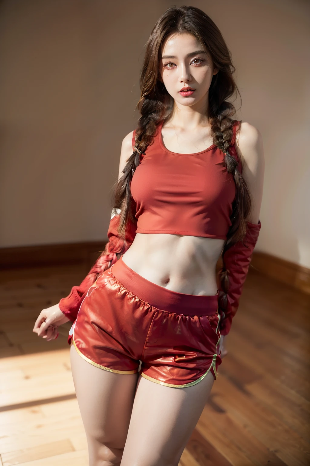 (RAW shooting, Photoreal:1.5, 8k, highest quality, masterpiece, ultra high resolution), perfect dynamic composition:1.2, Highly detailed skin and facial textures:1.2,beautiful and aesthetic:1.2, sexy beauty, perfect style, belief, Strong-willed, revenge, Fair skin, very beautiful face, (large breast, Chest gap), (beautiful eyes)(1girl, tall, long legs, navel, runny makeup, single braid, tight red top, tight red shorts:2),(simple background:1),(knees together),(standing:1.4),(full body photo:1.4),