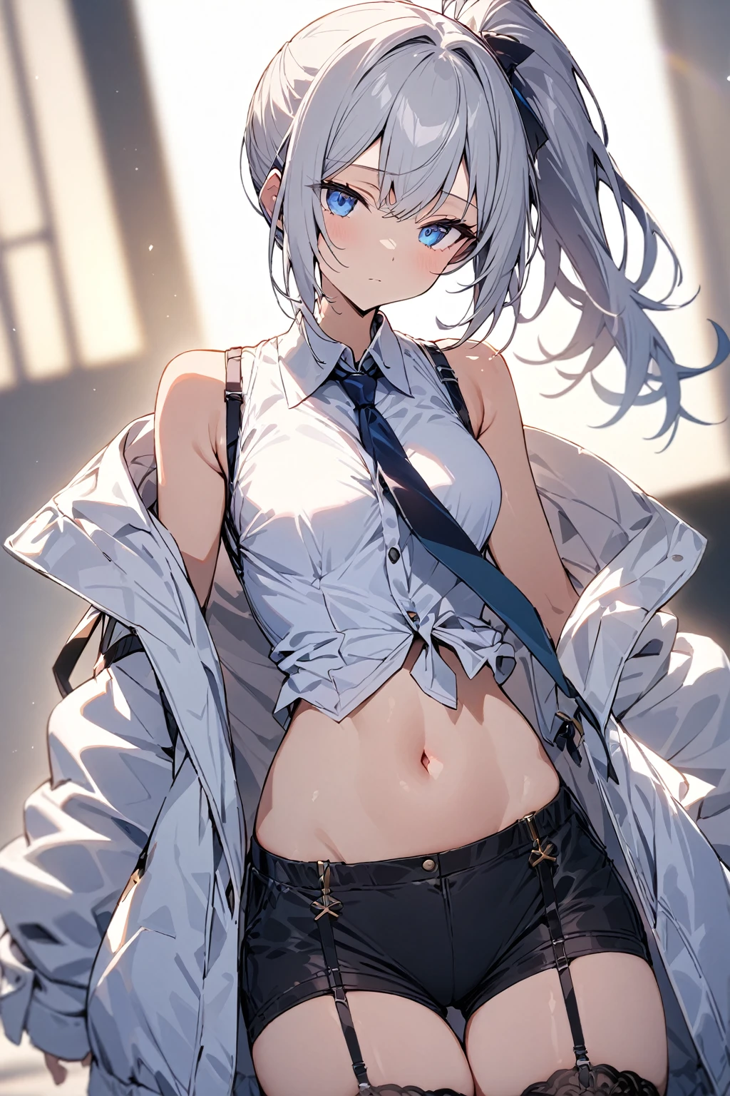 a handsome girl, solo, silver hair, pony tail, blue eyes, white jacket, sleeveless white shirt, navel, off shoulder, tie, black shorts, garter rings, expressionless, blurry background, perfect lighting, perfect angle, masterpiece, best quality, extremely detailed face