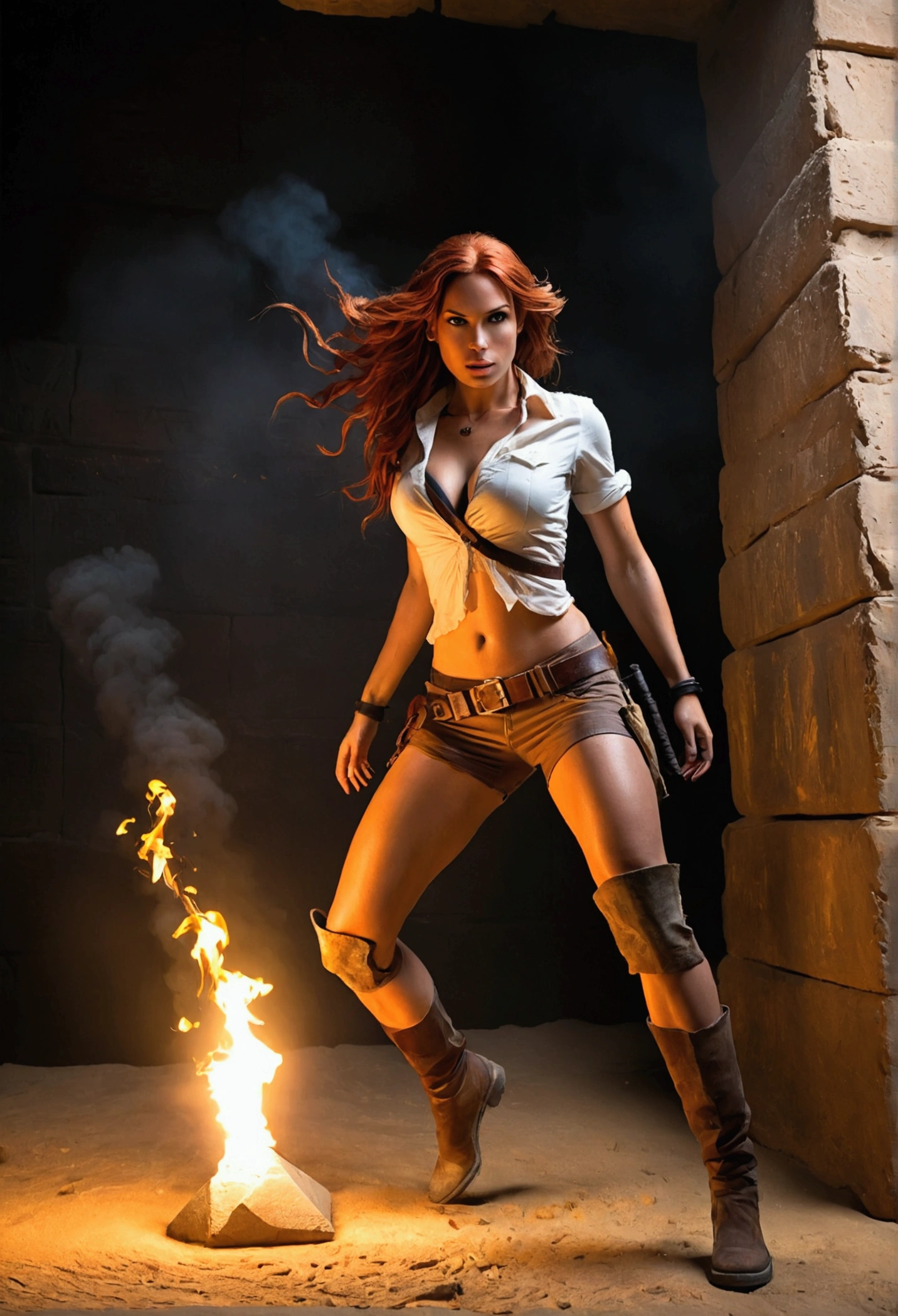 (full body shot:1) photorealistic image of a (jumping pose:1) woman, ultrarealistic, photography, long red hair, woman, 24 years old, hourglass figure, perfect body, Flirty look, natural medium breasts, blur background, Full body picture, Lara Croft costume with slightly shiny tanned skin dressed in a Lara Croft outfit, with a very ripped and torn blouse with a plunging neckline, pushed down over her right shoulder; stands in a dark room lit with flickering torches on the inside of a large Egyptian pyramid. Her skin and clothes are dirty with mud. A large dark menacing shadow moves in the background. She is jumping over a large and deep Abyss to the other side. Sideview, side view, wide angle, wide shot, action shot