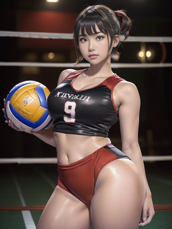 (masterpiece:1.2,Highest quality,Ultra-high resolution,Very detailed:1.2),((Volleyball Player)),(Photorealistic Stick:1.5),(RAW Photos:1.5),Elaborate photos,8k,((Sweaty 1.5)),Cinema Lighting,(Plump thighs),(Sophisticated lighting:1.2),((Shiny skin 1.4)),(1 female),(Young Japanese Woman),(Oblique angle:1.4),(Short Bob:1.4),(Before a volleyball match),(Red Sleeveless Pichi Pichi 1.2),(Black shorts),(Thick thighs 1.2),(Beautiful Face,Detailed face,,Beautiful Eyes,Beautiful Eyes,Beautiful Skin,Skin Texture:1.3),(sexy),(Beautiful),(Idol Face),(Japanese_Sweaty),(Holding a volleyball:1.6),(Gymnasium background:1.5),(Volleyball court)