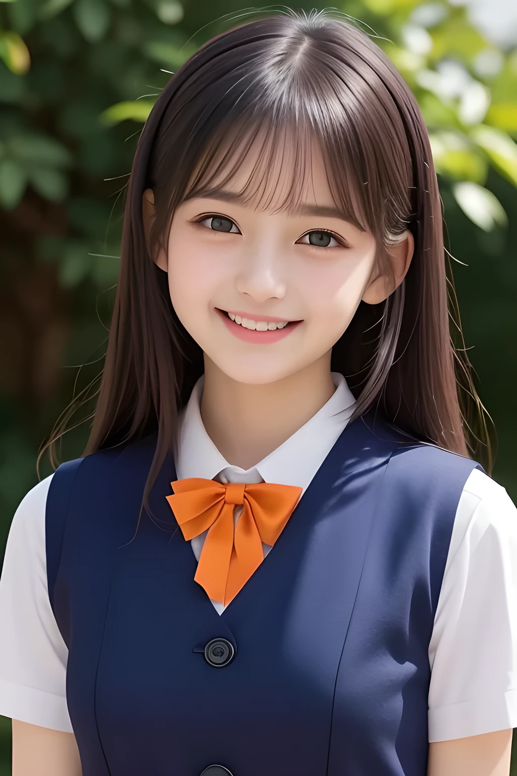 (highest quality, masterpiece, high resolution:1.2), 4K, (Photo quality detailed face: 1.2), (Botticelli-esque composition), geometry, 14 yo beautiful girl, Laughing cutely, (neat girly white school blouse), (school ribbon on the breast), (Gray Japanese school girly vest Uniform), (Beautiful light-amber-orange cute girly eyes with detailed cutely: 1.2)