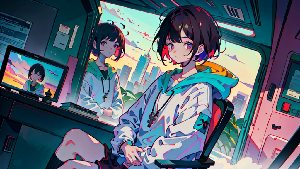 anime girl sitting on the bus , everyone, Best anime 4k konachan wallpaper, Sitting at a desk, detailed Key Anime Art, 4K Manga Wallpapers, Anime Shōnen, Key Visual, Handsome anime pose, Official Art, Detailed digital anime art, Key Anime Art, The finer details. Girls' Frontline, Young Anime Guy
, Selfie, masterpiece, Very detailed, Highest quality, Sharp focus, Soft lighting, Limited color palette, pastel colour, cute, ((cute)), Dark Skin, (Panchen: 1.3), Sobbing, alone, Dark brown hoodie, Purple shorts, Red eyes, (Green Hair: 0.6), (Brown Hair: 0.8), (Gradient Hair: 0.6), short hair, Bratis