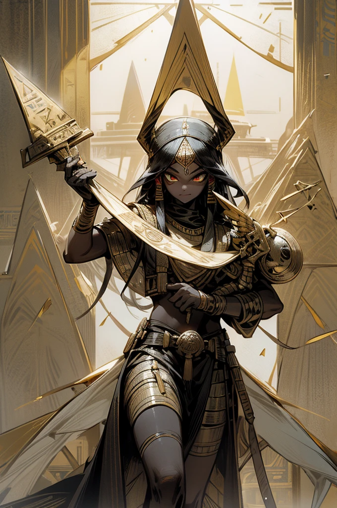 Design detailed characters elements of ancient Egyptian mythology, such as the Eye of Horus, the Ankh, and the pyramids, stand out against intricate, richly colored backgrounds that evoke the mysticism and majesty of ancient Egypt by carrying the logo or blocks shaped like the words "FD"