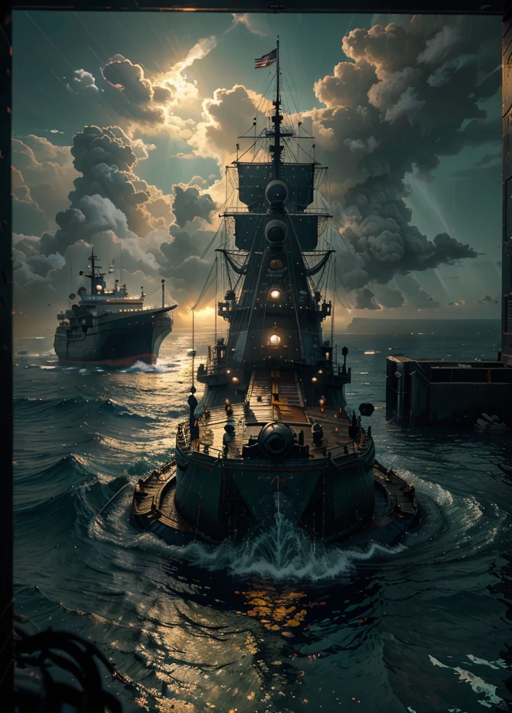 a privateer ship in the 1700s, detailed sea fort, asian soldier, dramatic lighting, cinematic composition, epic scale, realistic, photorealistic, best quality, 8k, masterpiece, ultra-detailed, vivid colors, dramatic lighting, volumetric fog, ocean waves, detailed textures, intricate details