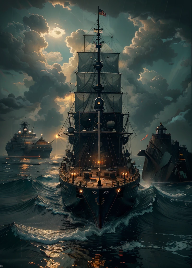 a privateer ship in the 1700s, detailed sea fort, asian soldier, dramatic lighting, cinematic composition, epic scale, realistic, photorealistic, best quality, 8k, masterpiece, ultra-detailed, vivid colors, dramatic lighting, volumetric fog, ocean waves, detailed textures, intricate details