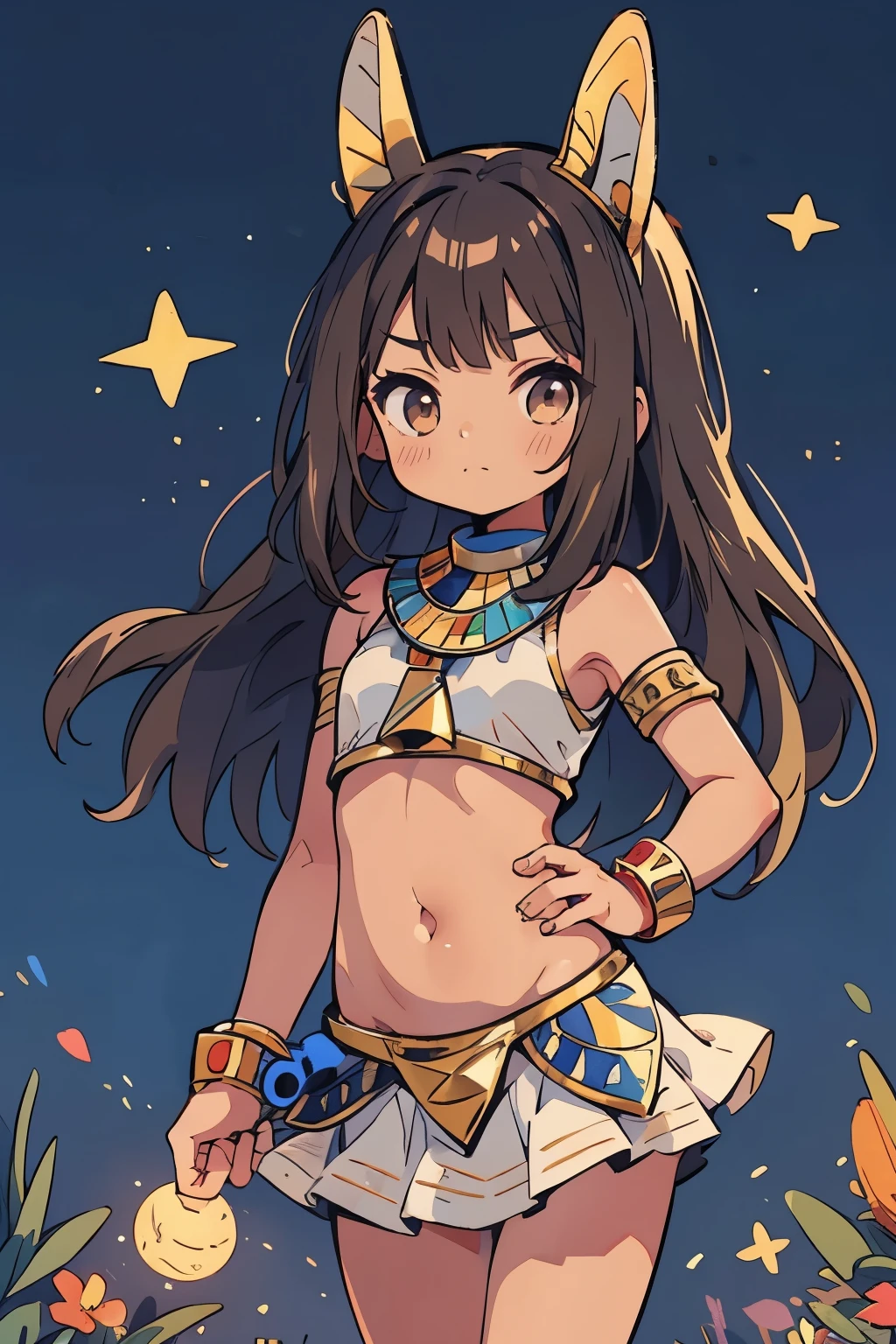(Egyptian Style:1.2)、Fantasy、Teenage Girls、Young、child、belly button、stomach、cool、Brown skin、skirt、Serious expression、(Closed Mouth:1.1)